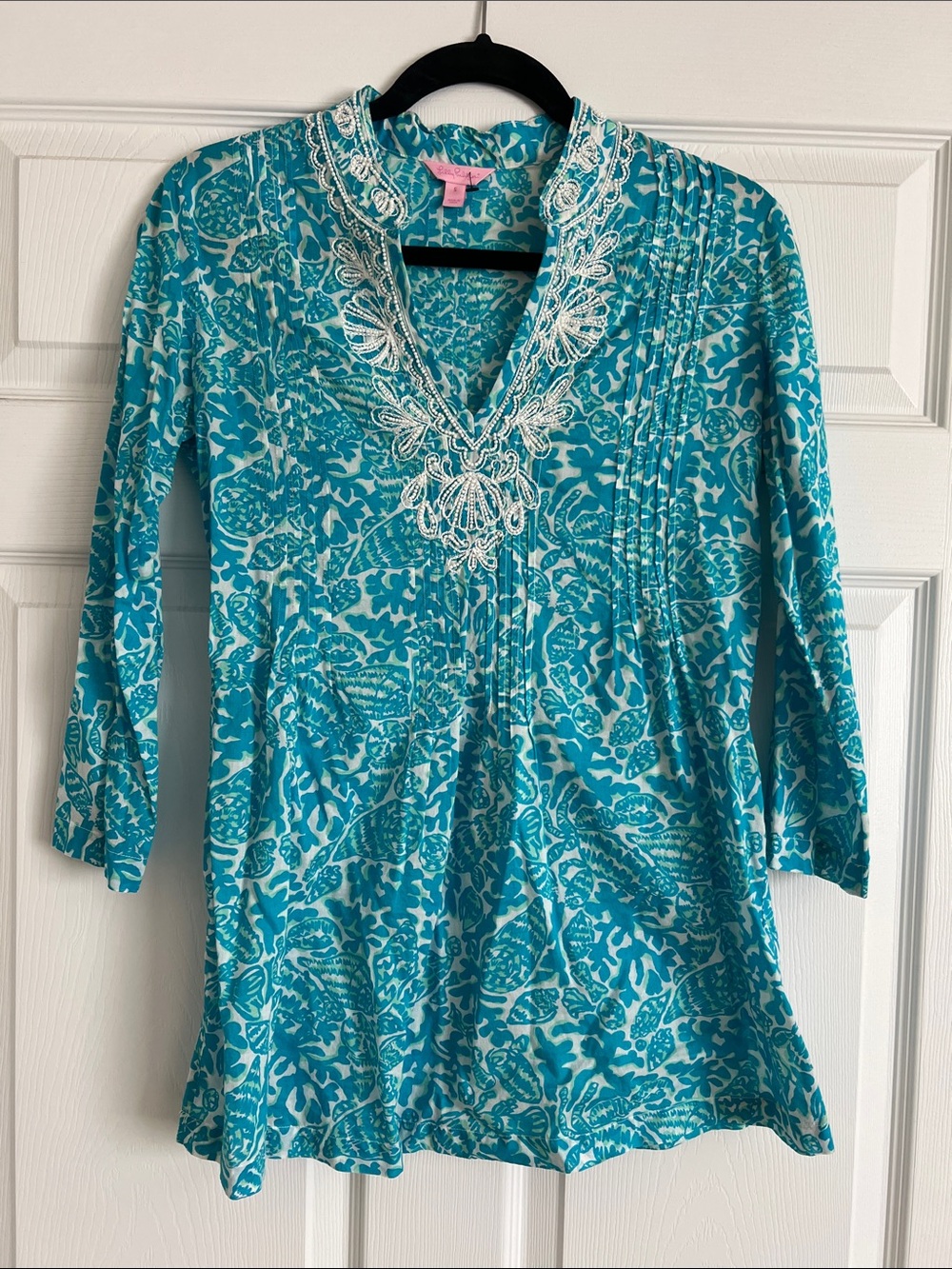 Lilly Pulitzer blue green Sarasota top beaded S